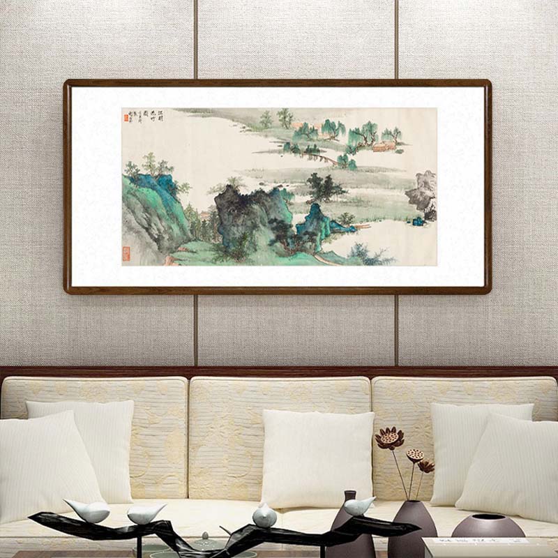 谢稚柳江明花竹图国画山水画客厅背景墙装饰画办公室横幅牌匾壁画