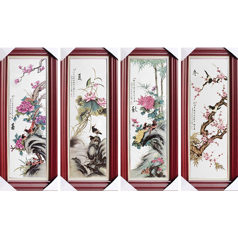 包邮新中式家居装饰画实木框四条屏客厅挂画景德镇陶瓷板画挂屏