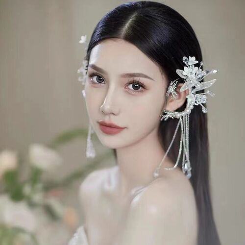 新款韩式新e娘头饰超仙水晶珍珠流苏耳挂高级感女耳饰婚纱礼服配