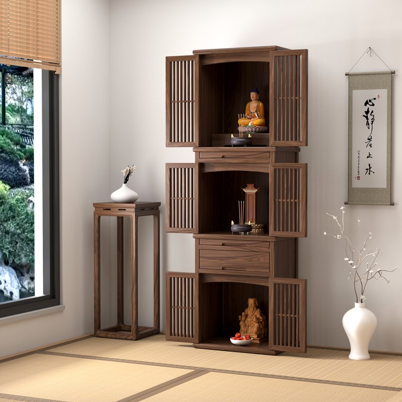 三层带门佛龛黑胡桃木新中式实木家用立柜佛柜佛台祖先菩萨神龛图片