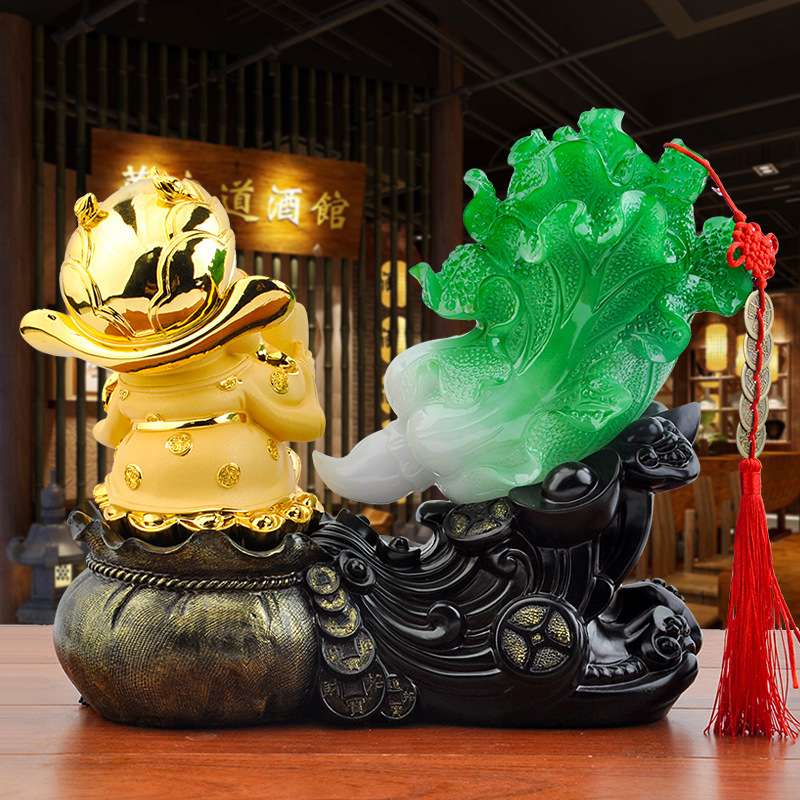 一件代发招财沙金财神爷玉白菜客厅酒柜家居装饰品开业摆件工艺品