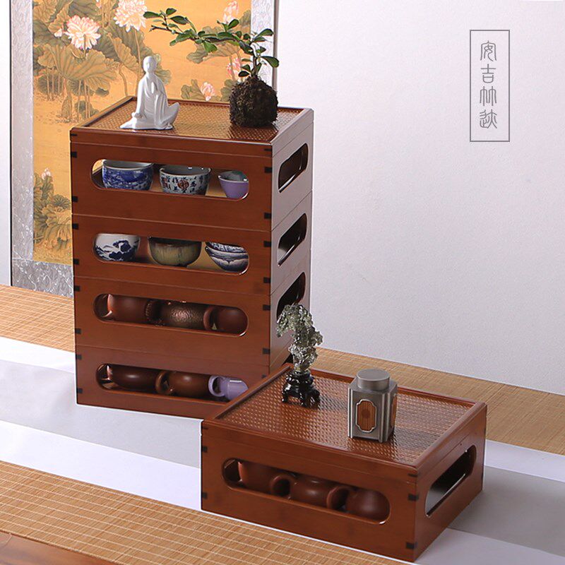 竹制多宝阁茶具文玩收纳箱多层自由叠加乾坤百宝箱桌面展示架茶台