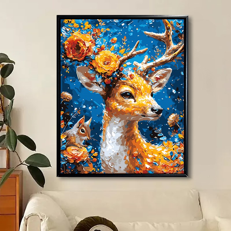 黑白画映 数字油画diy手绘填充手工填色彩鹿花缘油彩画客厅装饰画