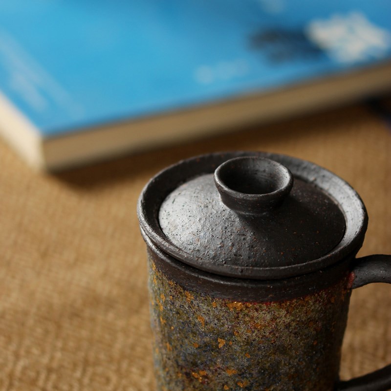 慕砚手作岩矿马克杯日式粗陶带盖过滤办公茶杯茶水分离柴烧个人杯