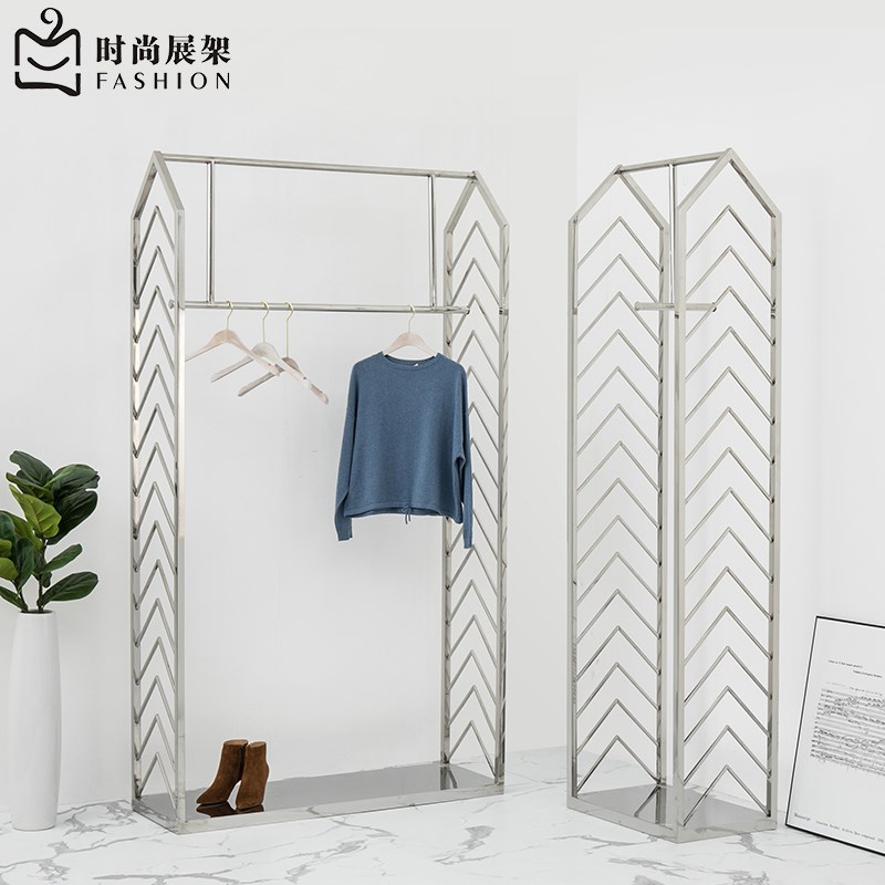 高档不锈钢男女装服装店展示架陈列柜银色镜面靠墙落地式挂衣架子