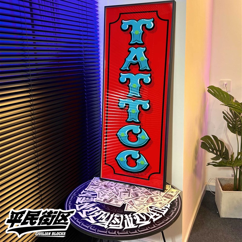定制西海岸纹身店花体字tattoo店铺装饰开业礼品背景墙发光装饰画