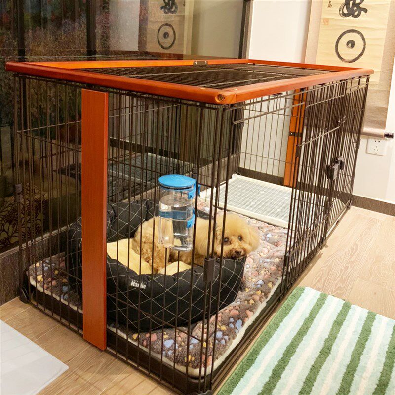 室内宠物狗黑胡桃色实木狗笼附厕所 隔离门可拆卸中大型犬用