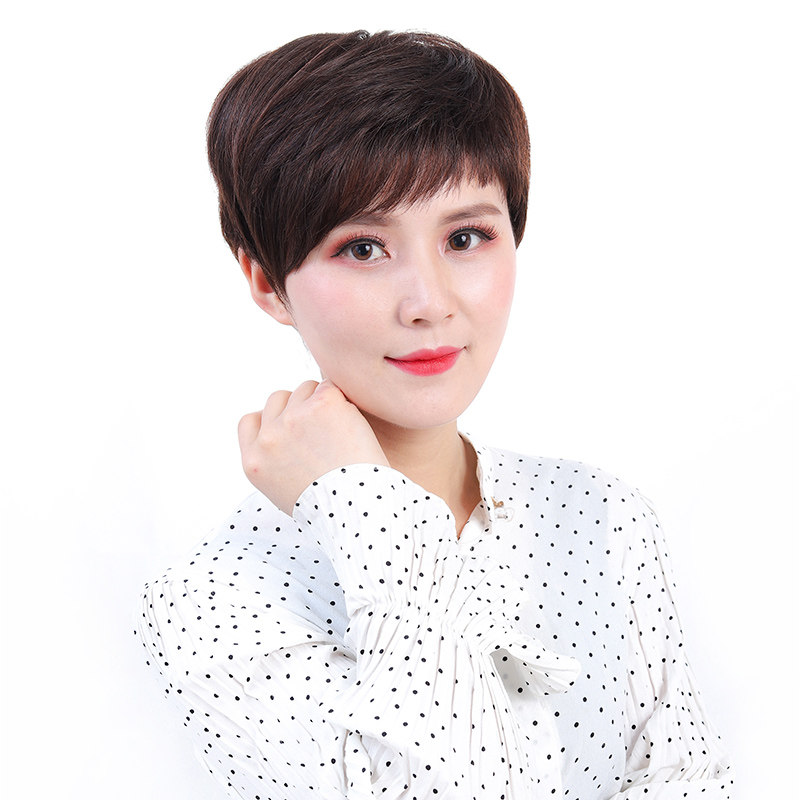 中老年假发女短发真发套女士短卷发全头套式轻薄自然透气真人发丝