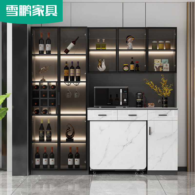 轻奢岩板移动折叠餐桌餐边柜一体靠墙高酒柜备餐柜组合家用6G136
