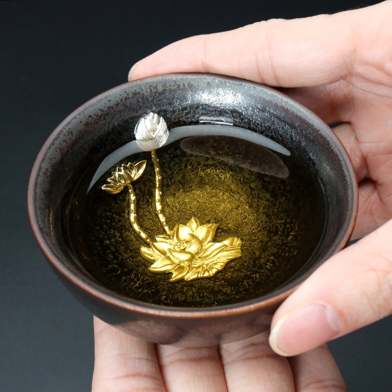 甲盏窑 李甲栈天目瓷窑变七彩茶杯品茗杯主人杯银饰杯/西施杯