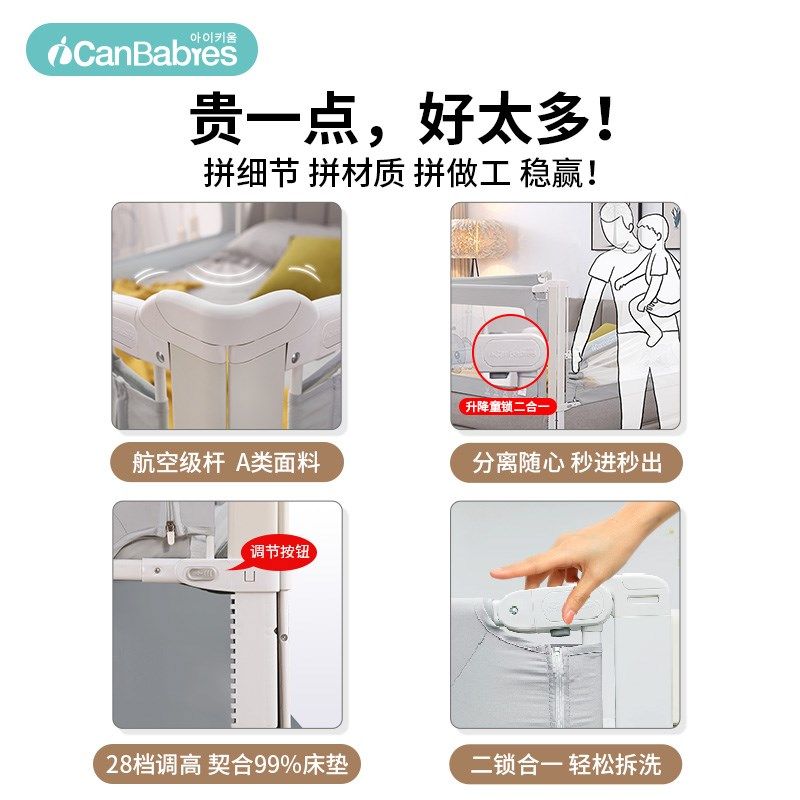 韩国艾灿高端床围栏婴儿童防摔爬行垫掉护栏宝宝床护栏板升降压床