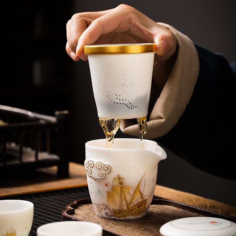 匠仙羊脂玉旅行茶具套装便携包户外办公室家用白瓷快客杯一壶二杯