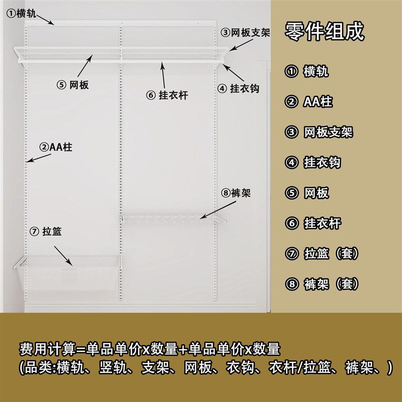 开放式AA柱衣柜定制步入式卧室挂墙式金属衣帽间架子环保砌墙衣柜