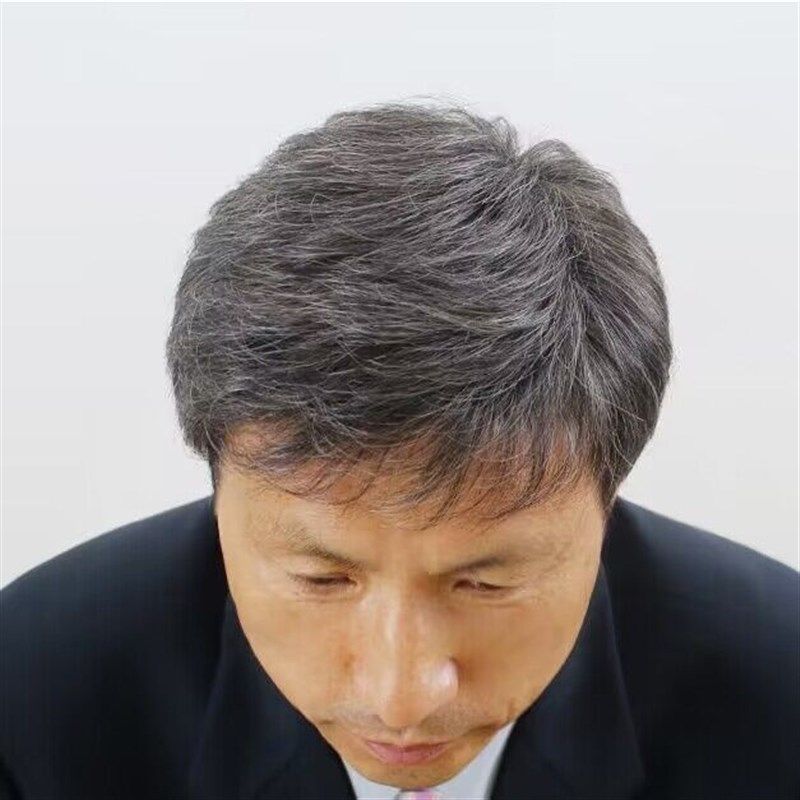中老年人男士花白色假发短直发真发发套男式逼真手织头旋爷爷假发
