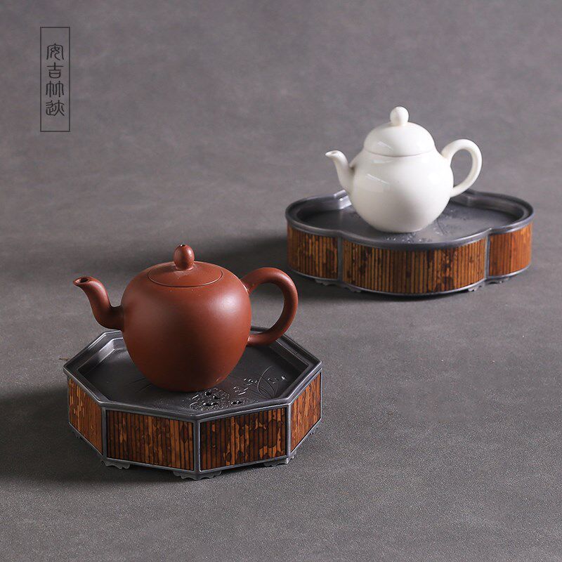竹迹老锡壶承八方纯锡茶壶托蓄水茶盘盖碗底托主人杯垫梅鹿干泡台