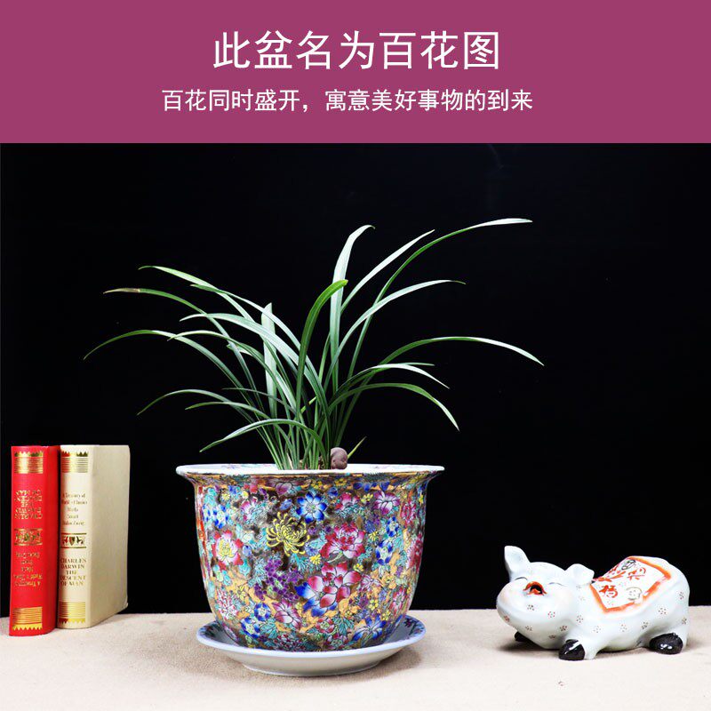 手绘景德镇陶瓷花盆古典新中式装修粉彩瓷兰花盆树盆室内描金专用