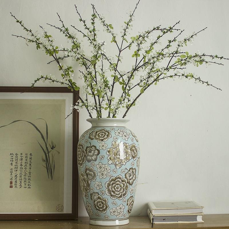 中式陶瓷花瓶浅绿色高花瓶客厅高级瓷瓶装饰摆件水培鲜花瓷器瓶