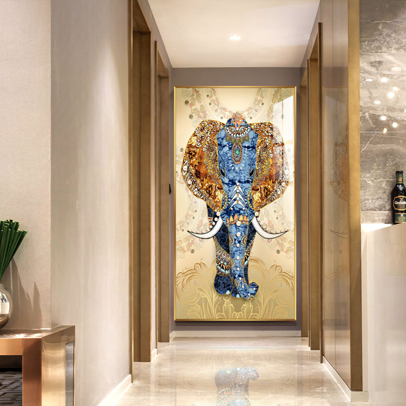 大象镶钻晶瓷画水晶画晶钻画抽象轻奢装饰画玄关挂画餐厅墙面竖版