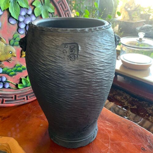 纯手工黑陶文化腰鼓水波纹优质花盆 黑陶盆包邮