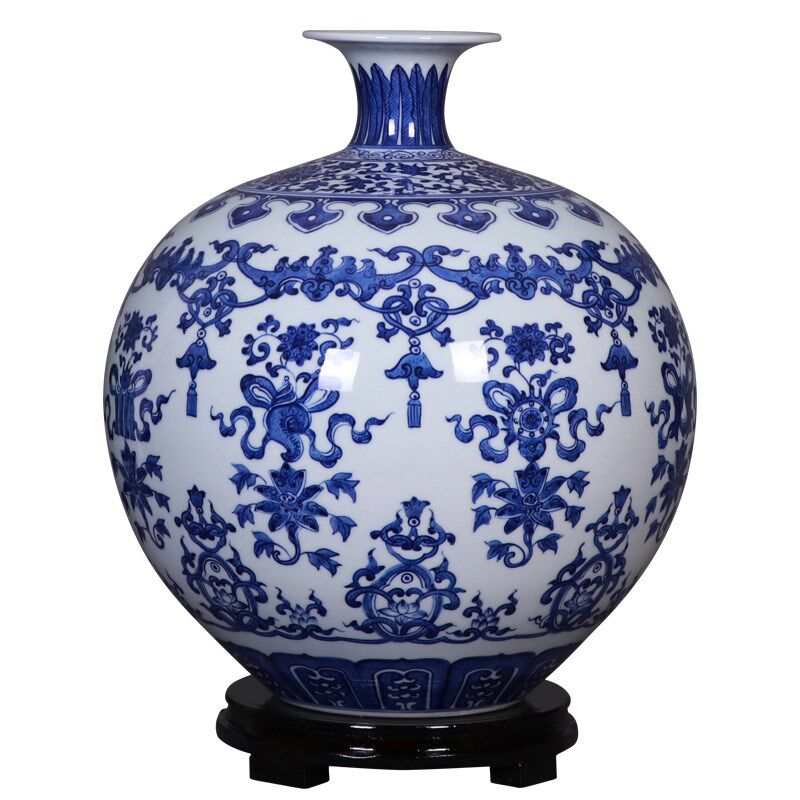 景德镇陶瓷花瓶手绘青花瓷中式餐桌客厅插花石榴瓶摆件小号工艺品