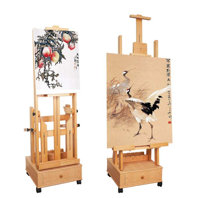 绘岳进口实木带抽屉平立两用国画油画架美术生专用落地大画架展示