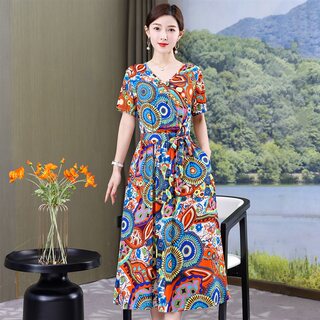 妈妈夏装棉绸连衣裙女新款高端时尚民族风中老年气质外穿显瘦裙子