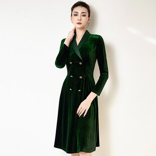 绝色时尚墨绿色双排扣丝绒西装连衣裙女装高级质感春装2024年新款