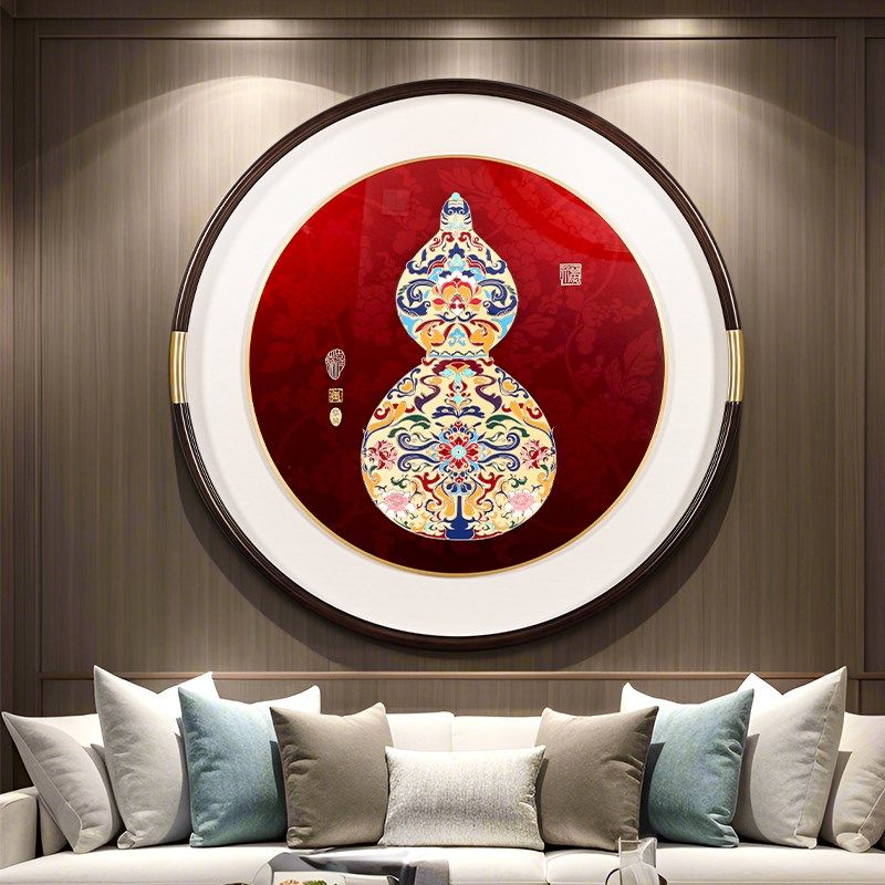 葫芦吉祥玄关过道背景装饰画手工雕刻圆形铜雕画新中式餐厅壁画