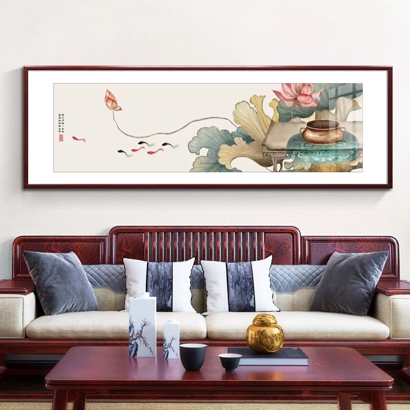 新中式客厅装饰画沙发背景墙挂画横幅荷花九鱼图卧室床头手绘壁画