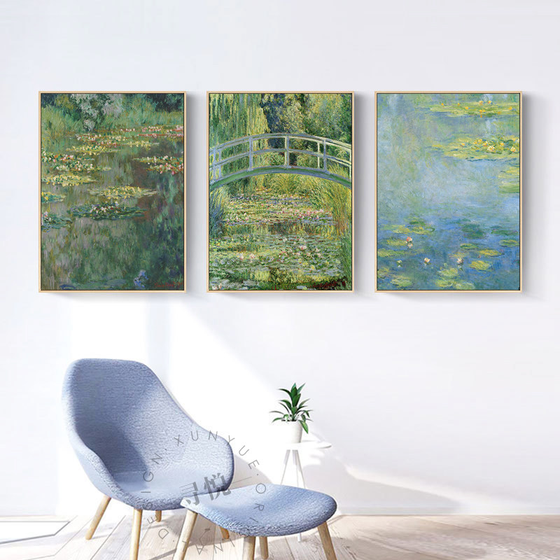 世界名画莫奈油画三联画 撑伞的女人睡莲风景挂画卧室客厅装饰画