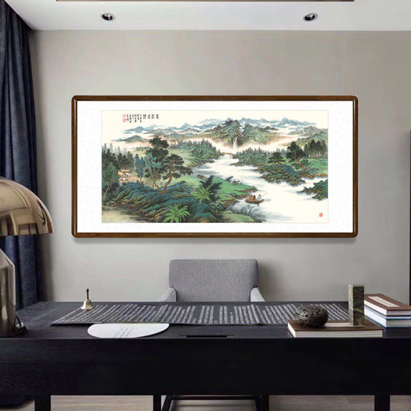春江坐钓图国画山水画中式客厅青绿山水装饰画办公室挂画酒店字画
