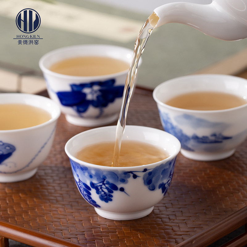 洪窑景德镇陶瓷手绘青花釉下彩品茗杯小杯子闻香杯功夫茶具主人杯