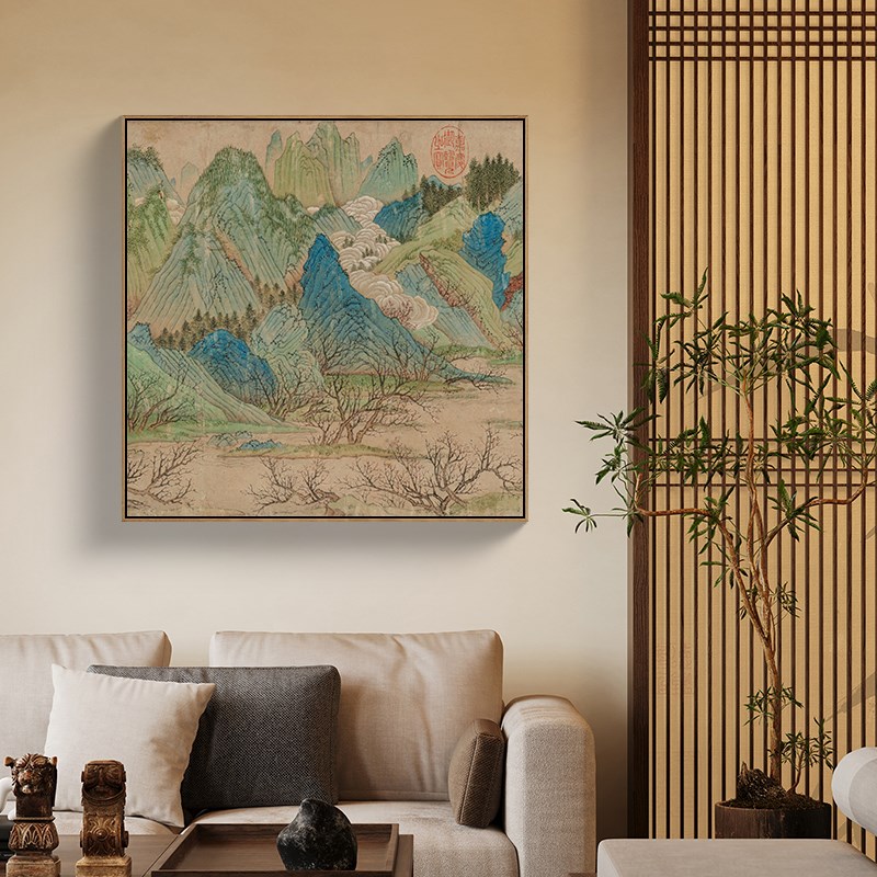仇英桃花源国画新中式客厅背景墙壁画青绿山水挂画茶室玄关装饰画
