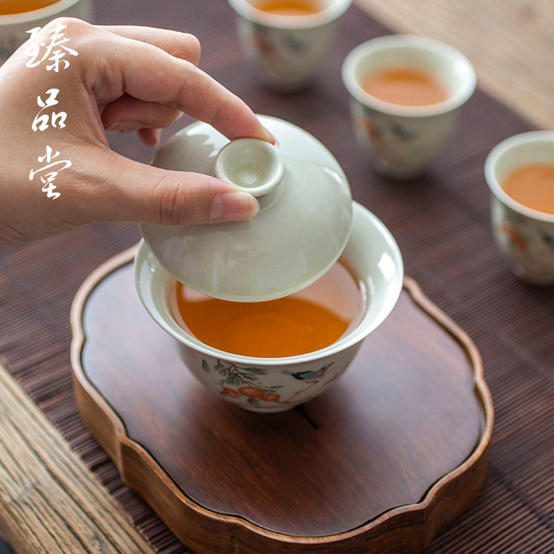 古青釉盖碗陶瓷复古三才盖碗功夫茶具家用可开片手抓壶汝窑泡茶碗