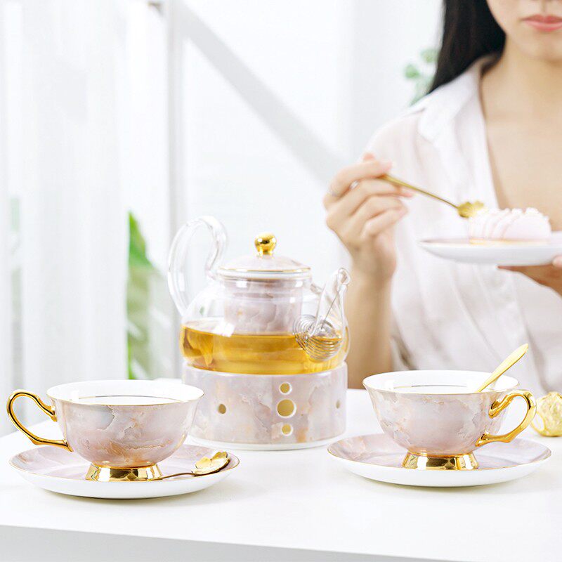 大理石纹轻奢陶瓷玻璃花茶具套装客厅茶具水果茶壶带过滤下午茶