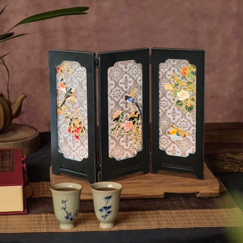 茶室桌面屏风摆件创意边柜高级感摆画喜上眉梢茶台复古折叠小屏风