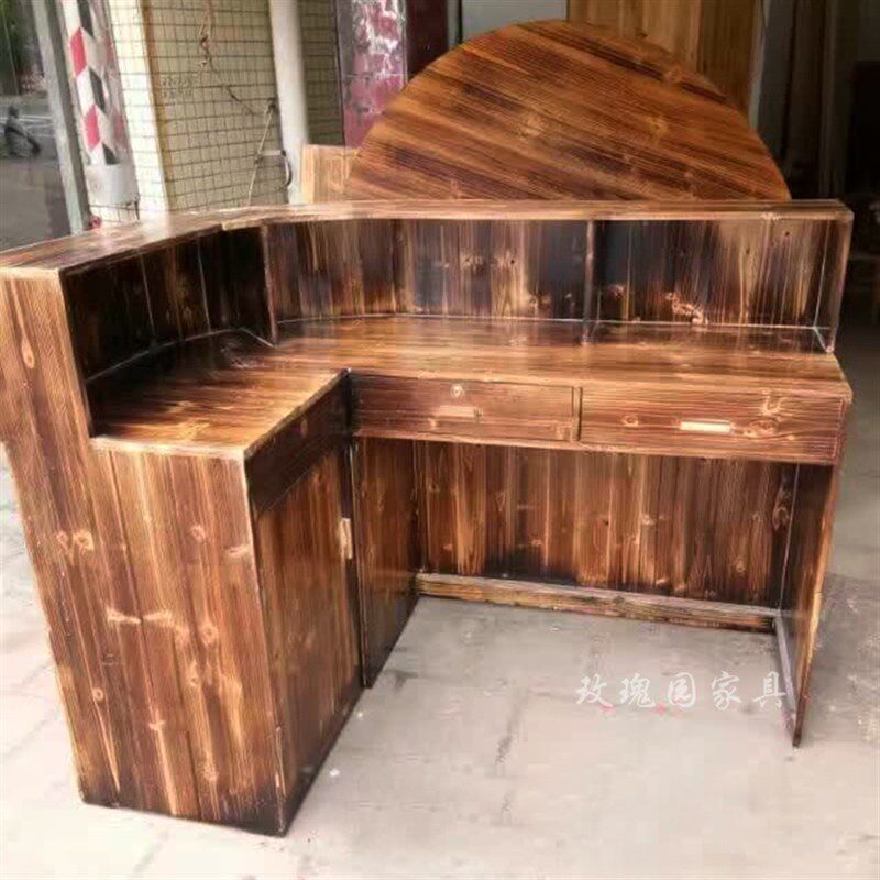 复古黑色碳化炭烧收银台实木原木转角吧台接待台饭店酒柜储物柜