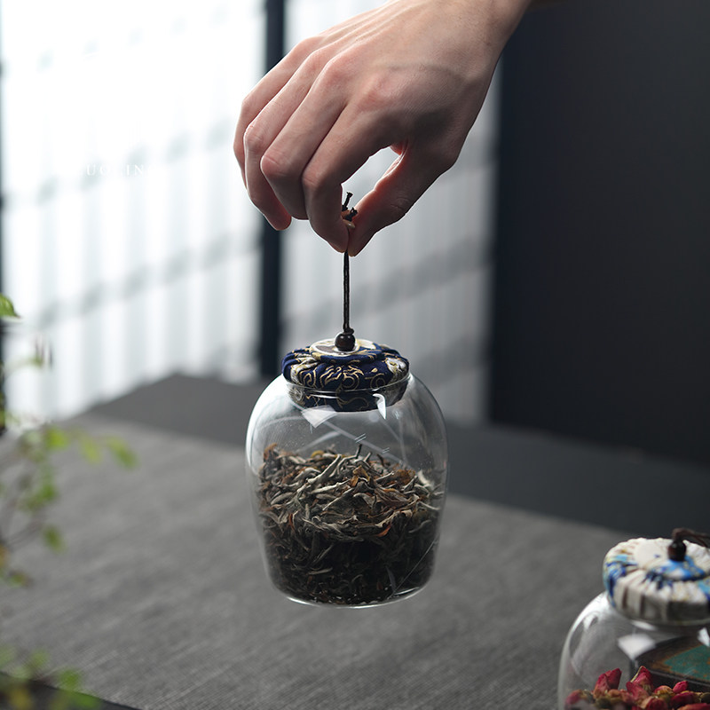爱洛琳 日式玻璃茶叶罐布盖透明存茶罐 家用防潮储物罐密封罐茶仓