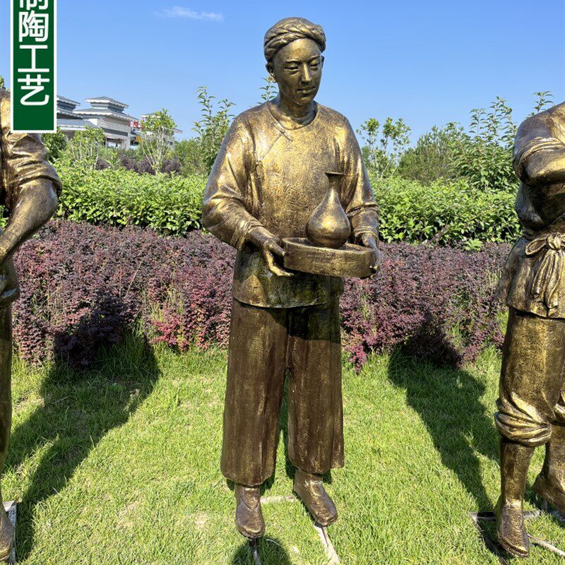 定制拉坯瓷器雕塑玻璃钢仿铜人物粘釉驮坯刻花制陶工艺雕像铜摆件