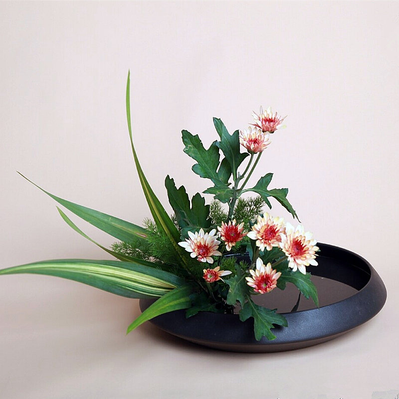 黑色磨砂花盆 小原流插花水培养殖陶瓷花器日式禅意中华花艺剑山