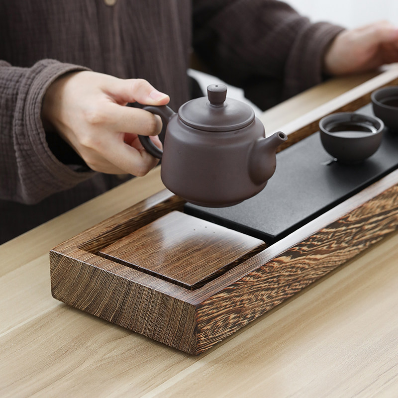 整块鸡翅木乌金石茶盘可干泡可排水功夫泡茶台茶托52*15cm