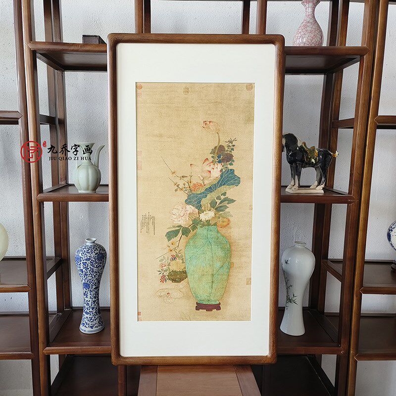 名家字画荷花牡丹花瓶挂画新中式客厅玄关装饰画走廊过道复古壁画
