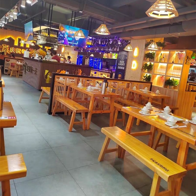 烧烤店桌椅板凳实木长桌原木色木屋烧烤店小吃桌子串串火锅桌餐厅