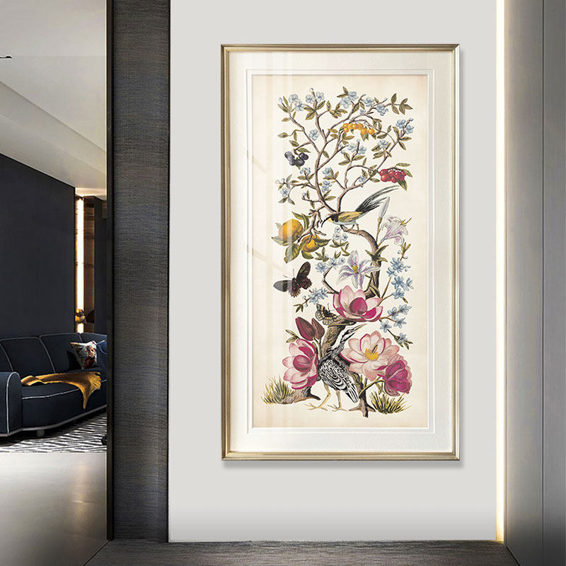 新中式装饰画  花鸟植物玄关竖版装饰画单幅过道花卉壁画别墅走廊