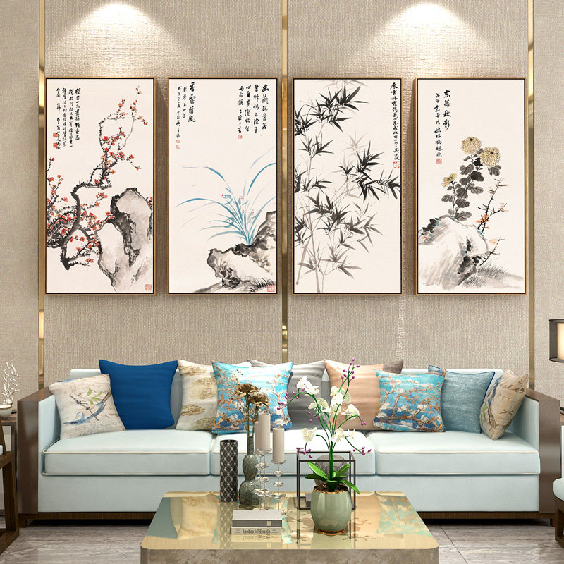 梅兰竹菊四联客厅装饰画新中式沙发背景墙挂画茶室壁画入户玄关画