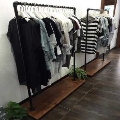铁艺落地实木挂衣架服装店衣架复古做旧水管服装架展示架衣帽架