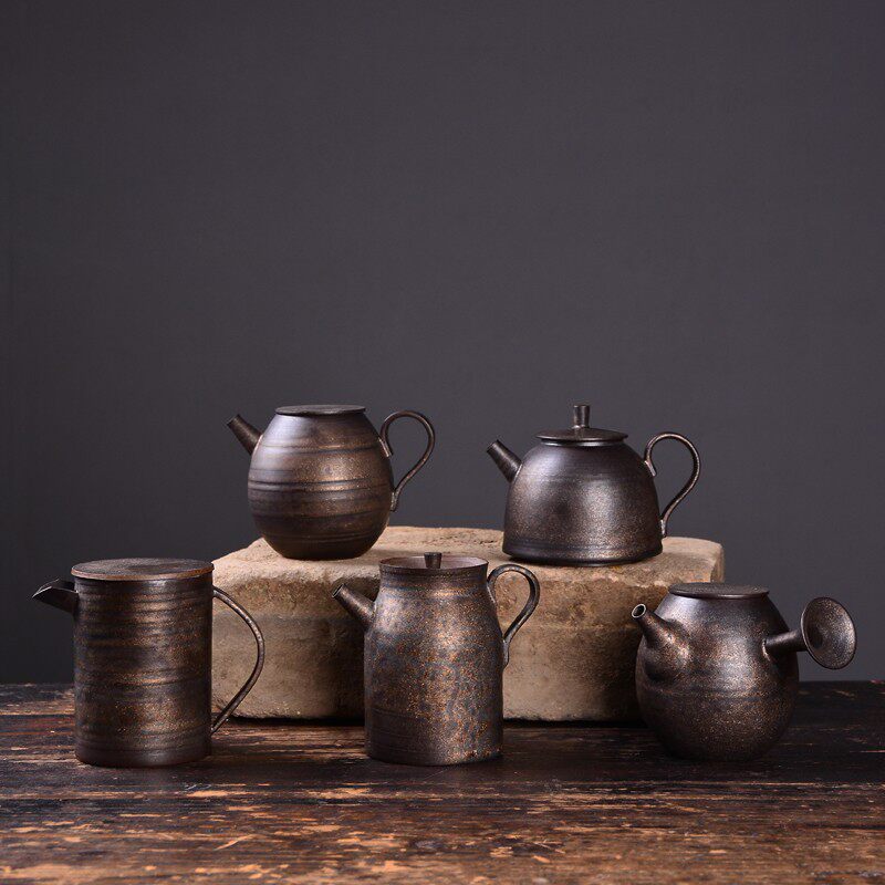 日式粗陶仿铜茶壶手工铁锈釉陶壶复古鎏金侧把壶功夫茶具泡茶单壶