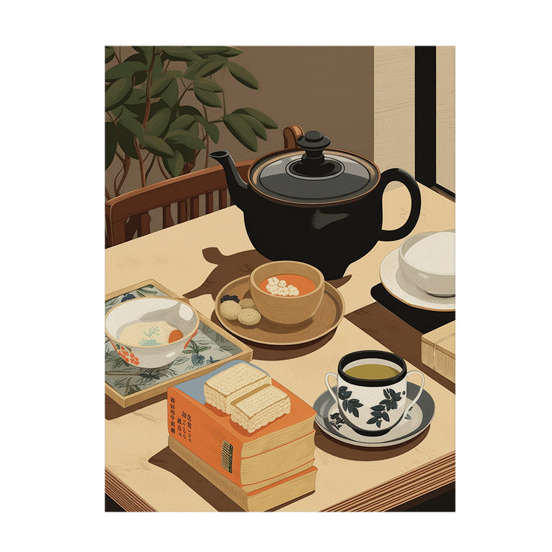 布纸有爱 茶道生活 新中式餐厅装饰画茶馆背景墙挂画高级静物插画