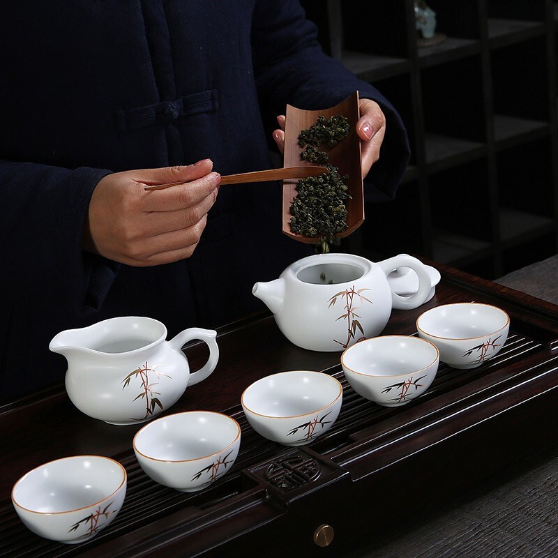 金镶玉羊脂玉瓷功夫茶具套装2025新款家用泡茶办公室白瓷描金盖碗