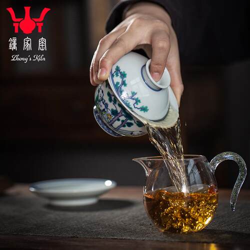 钟家窑盖碗茶杯景德镇青花斗彩柴窑手绘人物童趣三才盖碗茶碗带盖
